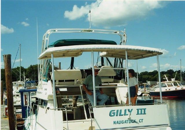 Carver 28/300/325/326 Aft Cabin boat named Gilly III with Atlantic Towers Aft Deck Top installed at marina