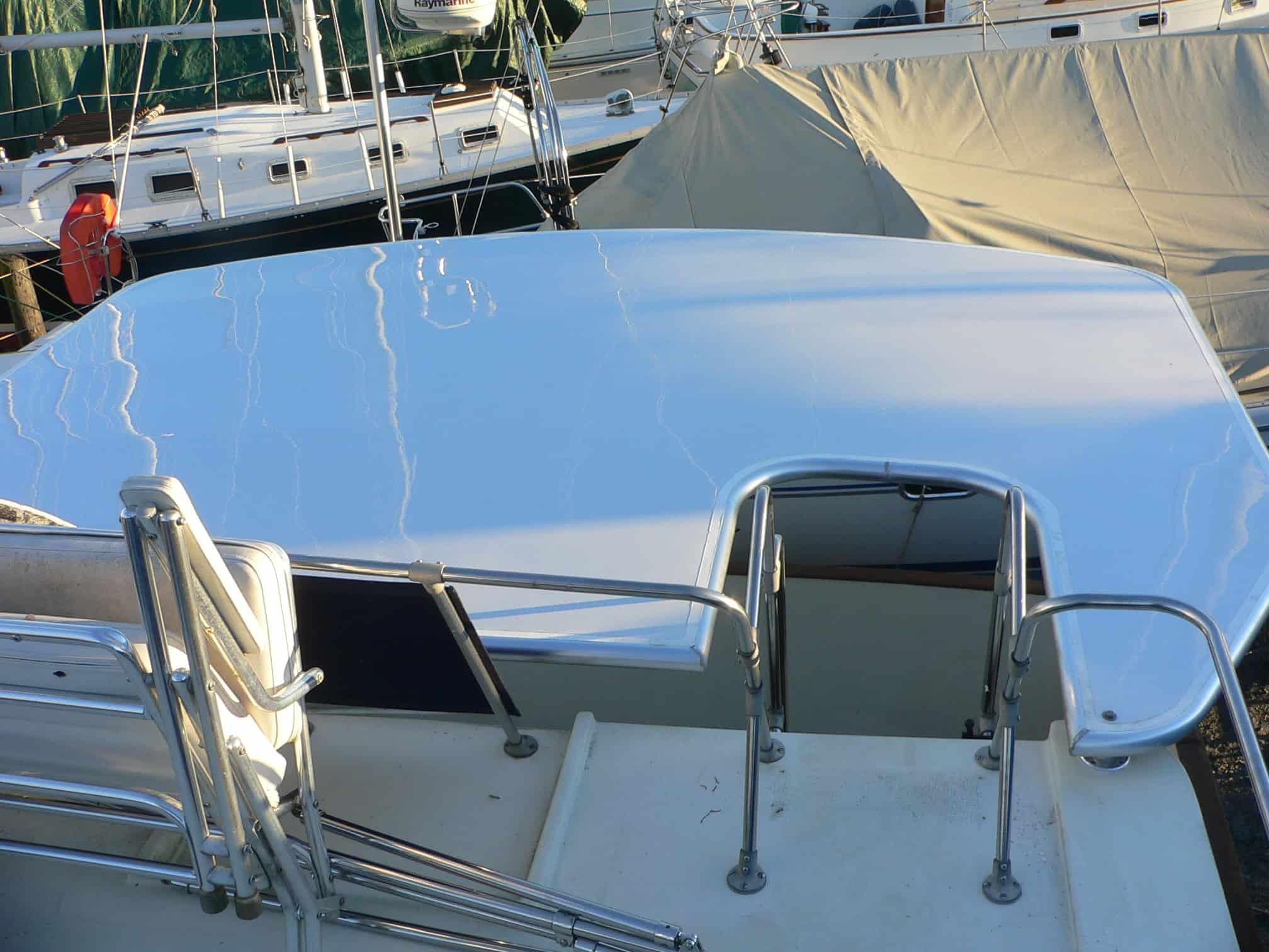 Atlantic Towers Aft Deck Top installed on a Blue Water Boats 40 Coastal Cruiser houseboat.