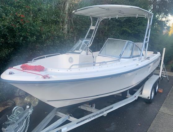 Atlantic Towers Top installed on a Sea Hunt boat, showcasing a white boat on a trailer with a red rope on the bow.