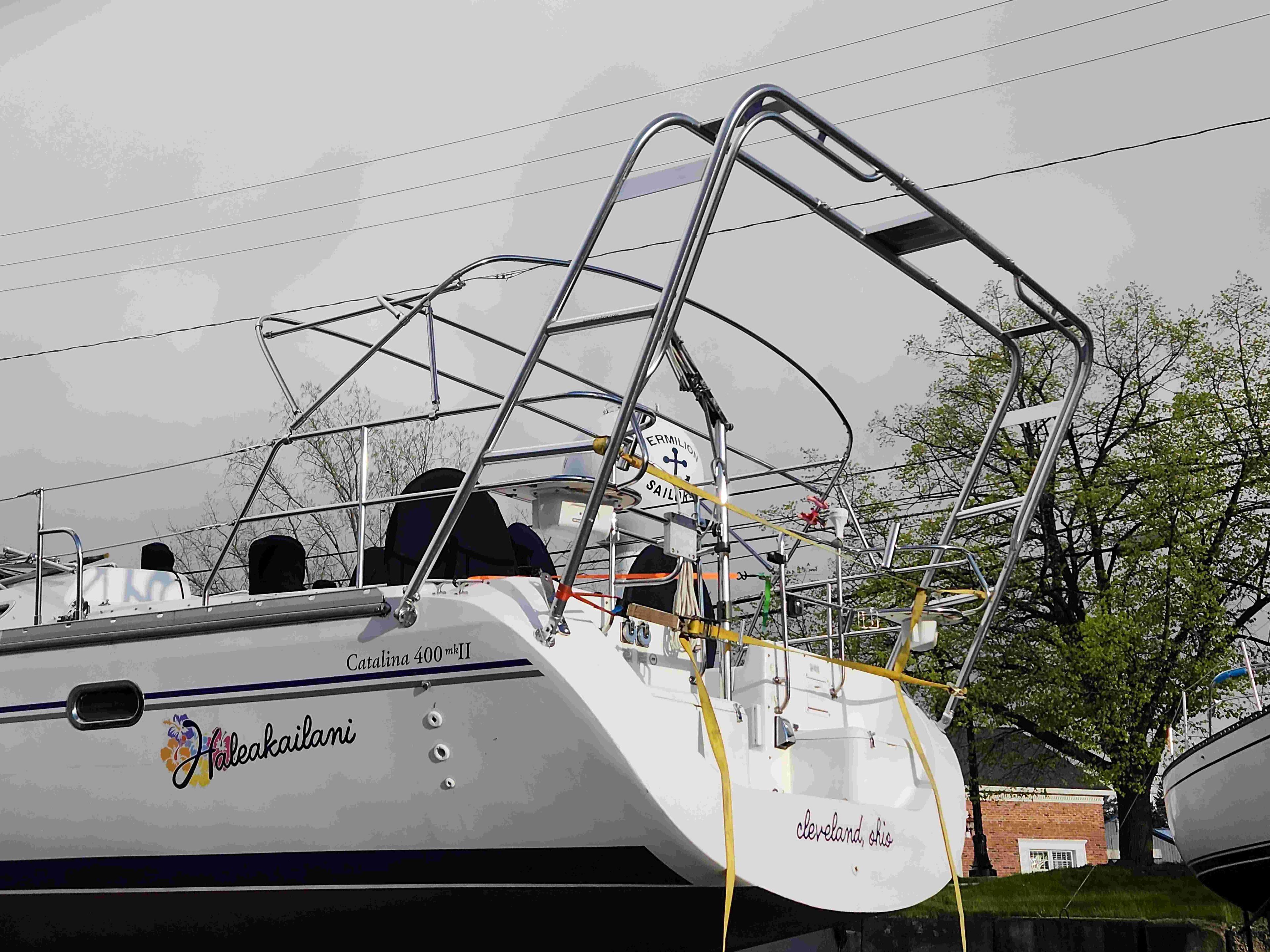 Atlantic Towers Arch installed on a Catalina 400 mkii sailboat, showcasing the boat's rear and design features.