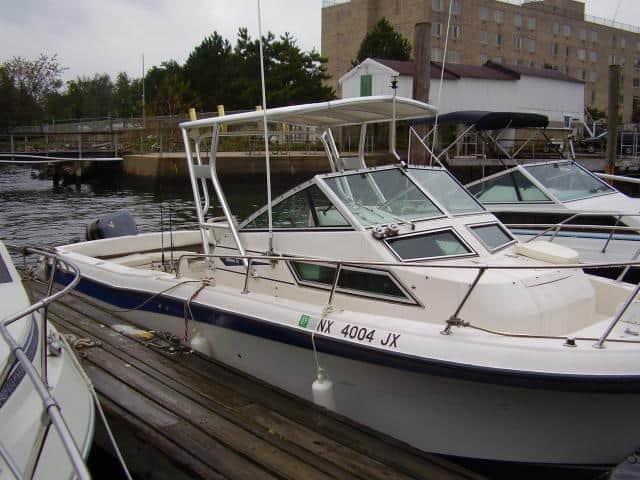Atlantic Towers Top installed on Grady White 240 Offshore walkaround boat, showing helm and seating area