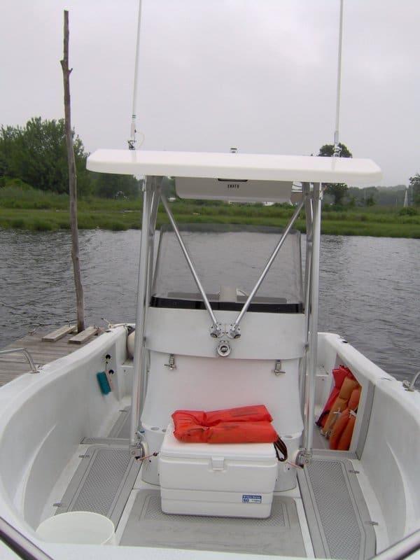 Atlantic Towers T-Top installed on a Logic 210 center console boat, enhancing shade and functionality.