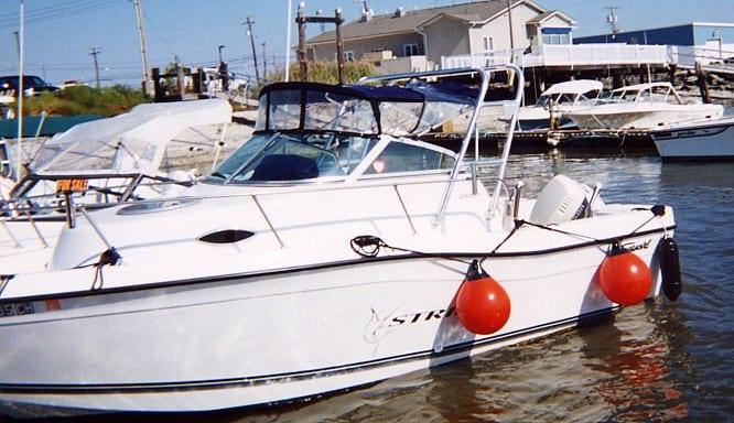 Seaswirl 230/2300/2301 WA boat featuring Atlantic Towers Arch, docked in a marina with other boats nearby.