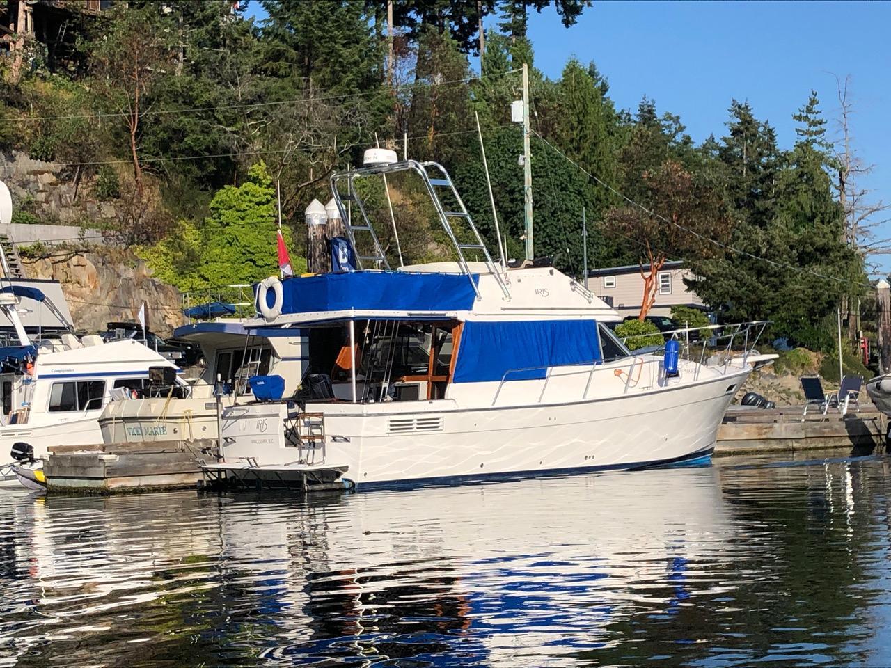 Atlantic Towers Arch installed on a Bayliner boat docked at a marina, reflecting on calm water.
