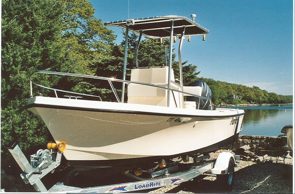 Atlantic Towers T-Top installed on a Parker 180 center console boat, enhancing shade and functionality.