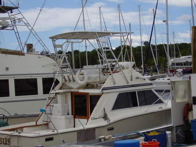 Chris Craft 30 Tournament bridge boat docked with Atlantic Towers Top installed on the flybridge roof.