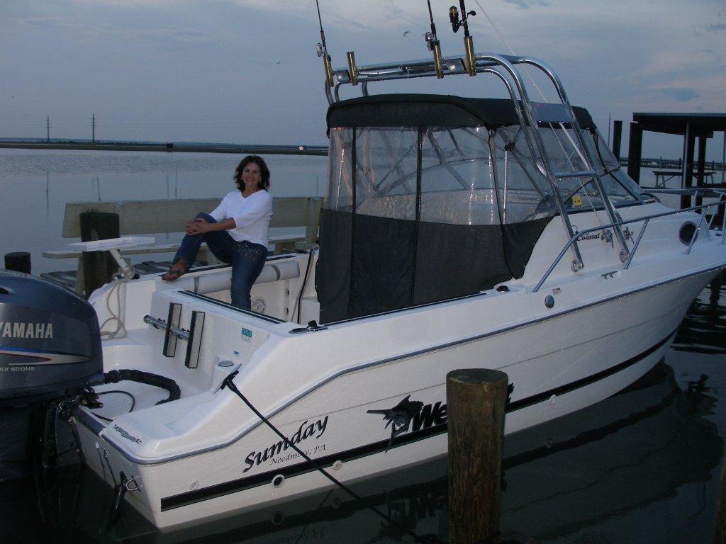Atlantic Towers Arch installed on a Wellcraft 230/250 Coastal boat, with a woman seated by the helm.