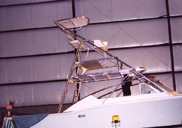 Atlantic Towers Tuna Tower installed on a Chris Craft Tournament Express boat, showcasing its structure indoors.