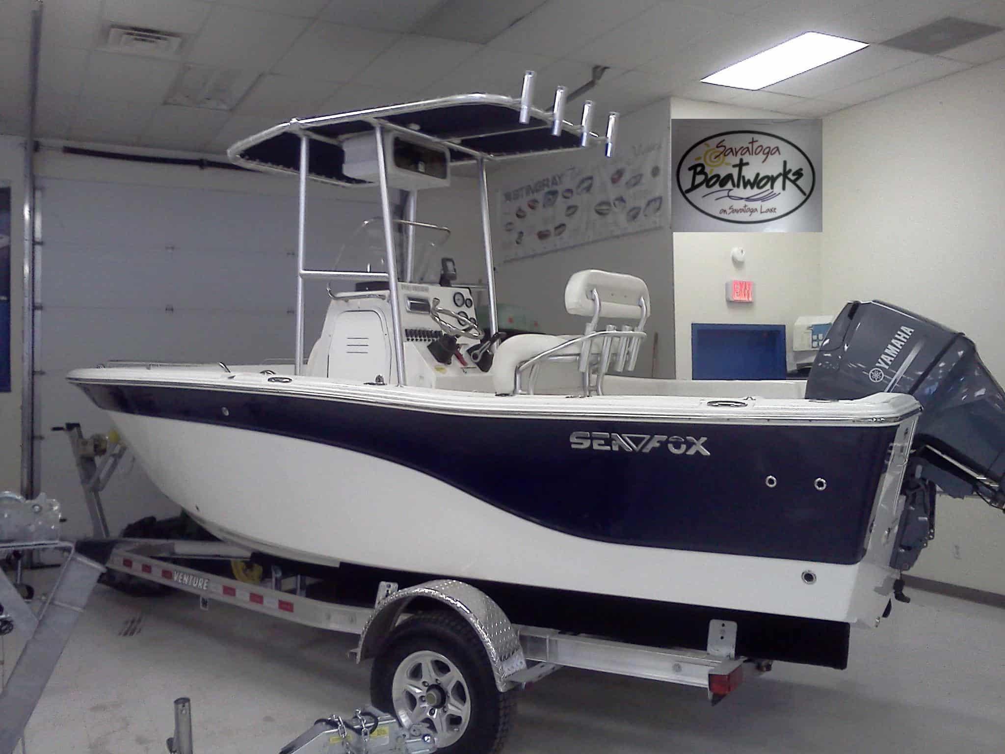 Atlantic Towers T-Top installed on a Sea Fox 199 center console boat, showcasing a sleek and functional design.