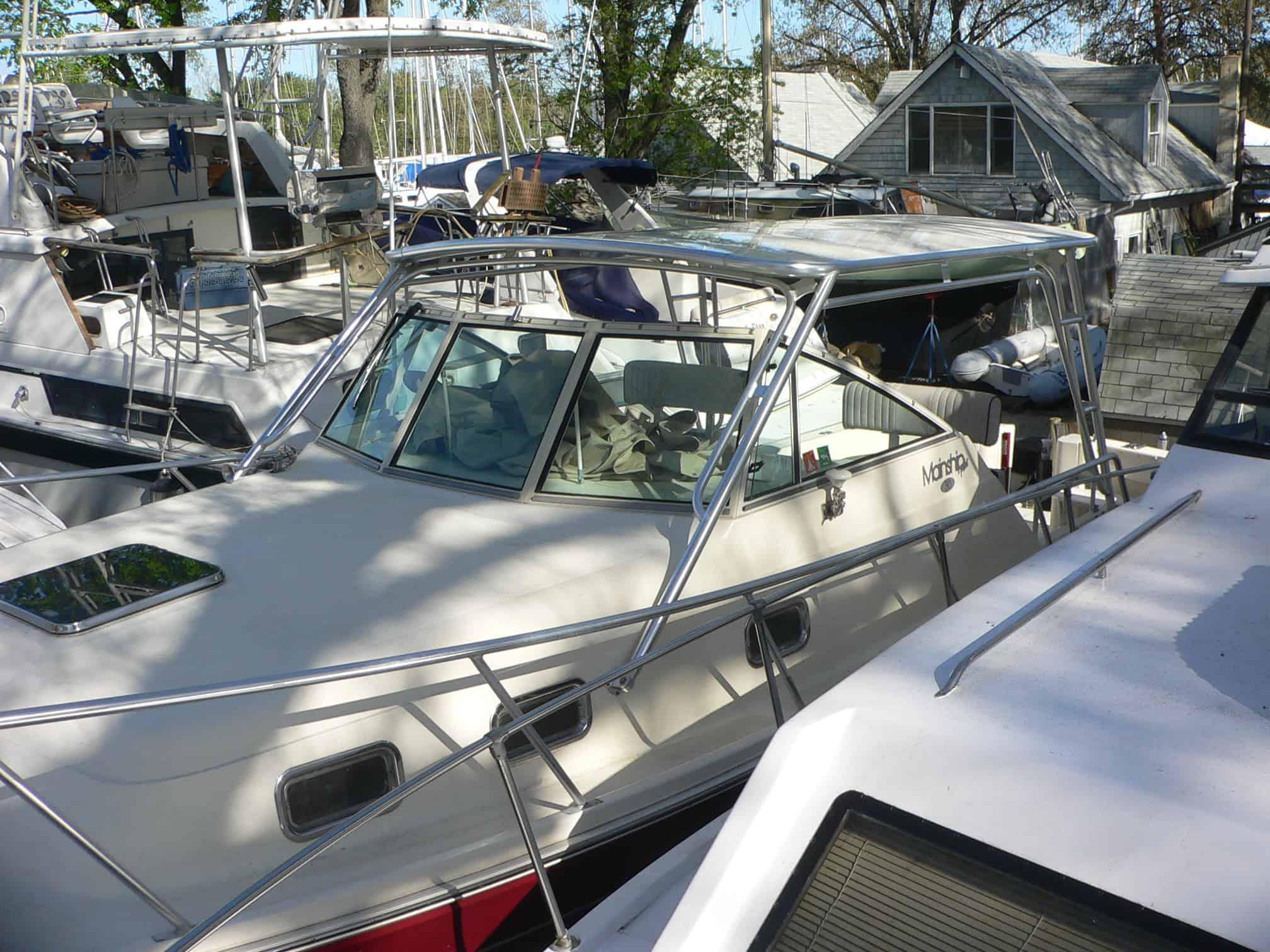 Atlantic Towers top installed on a Mainship 30 Pilot cruiser, enhancing performance and functionality on the water.