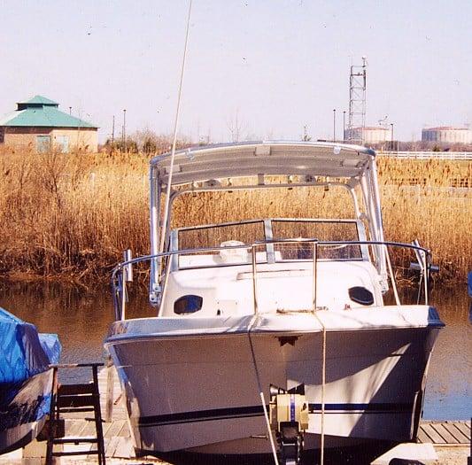 Front view of a Wellcraft 238 boat with an installed Atlantic Towers Top canopy docked near reeds and calm water.