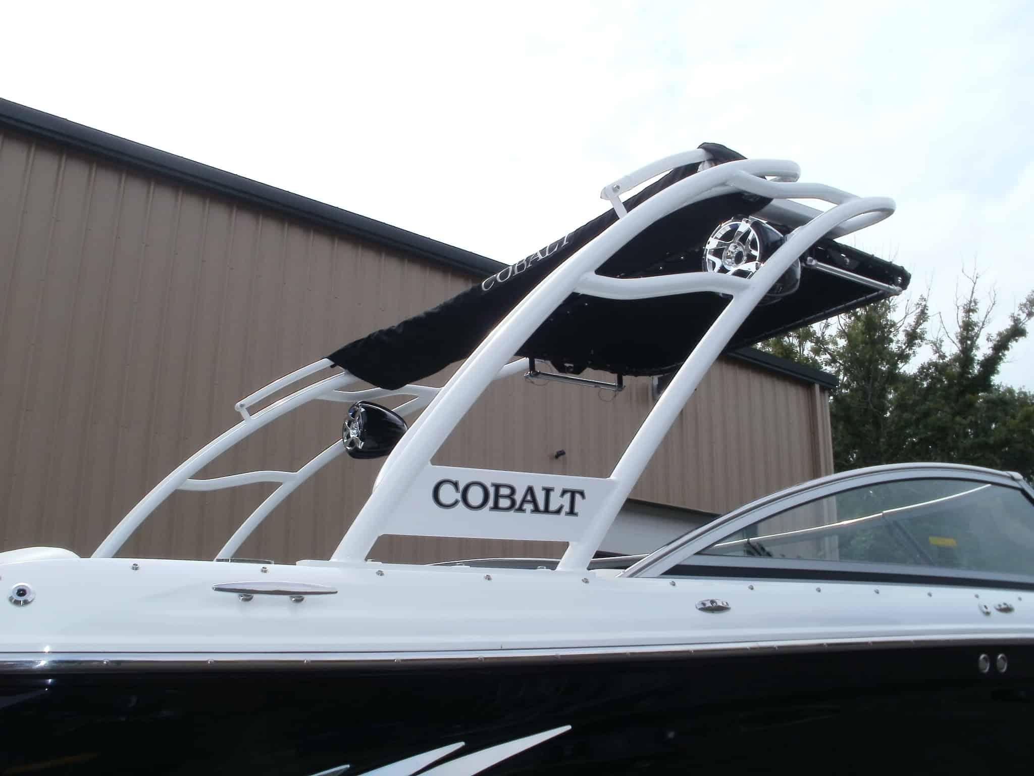 Atlantic Towers Arch installed on a Cobalt A25 boat, showcasing its sleek design and integrated speakers.