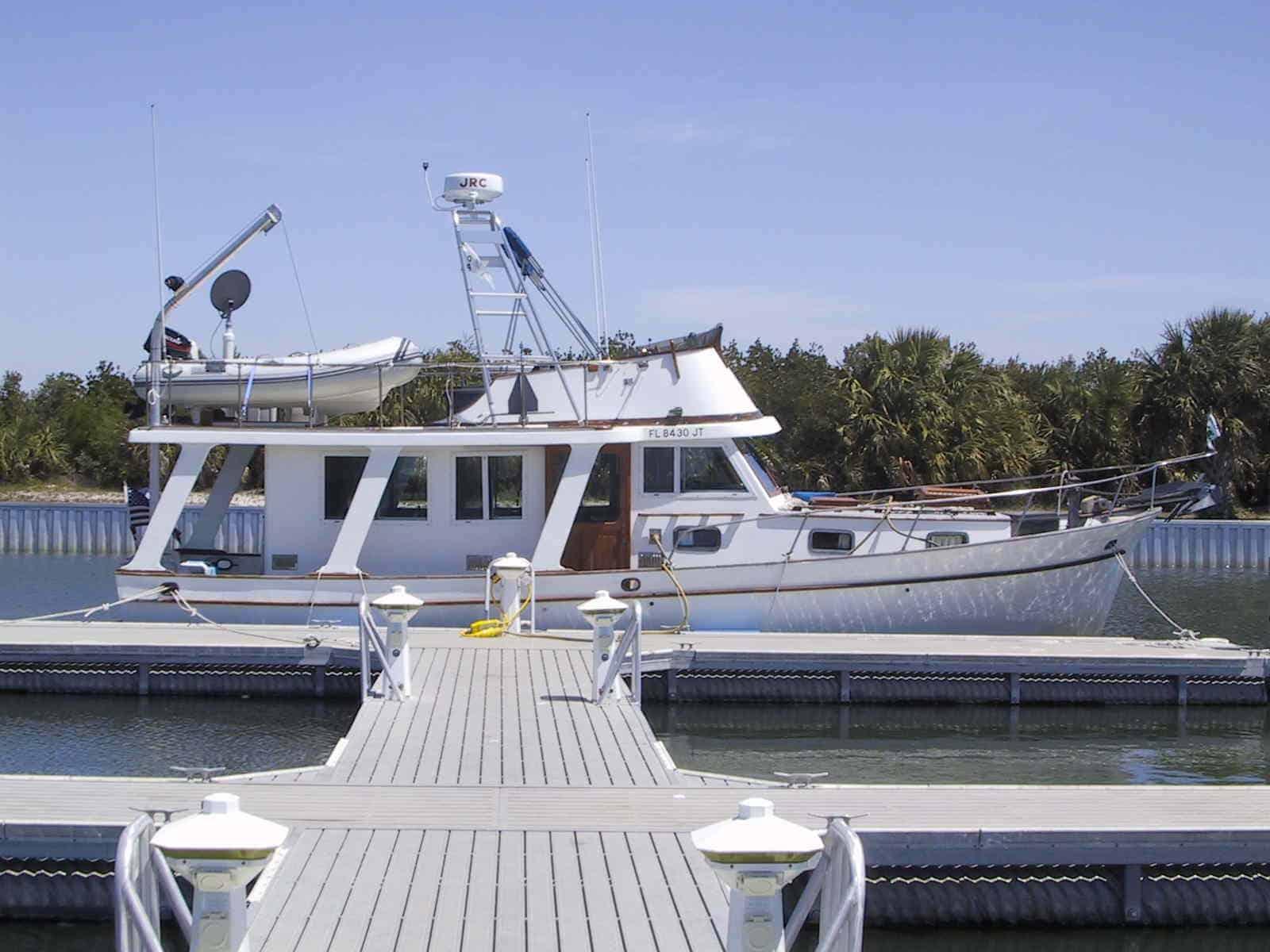 Atlantic Towers arch on a Marine Trader 36 Sedan trawler, showcasing the boat's design and features.