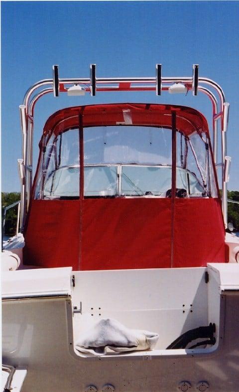 Atlantic Towers Arch installed on a Wellcraft 22 Walkaround boat, featuring a red canopy and rear view.