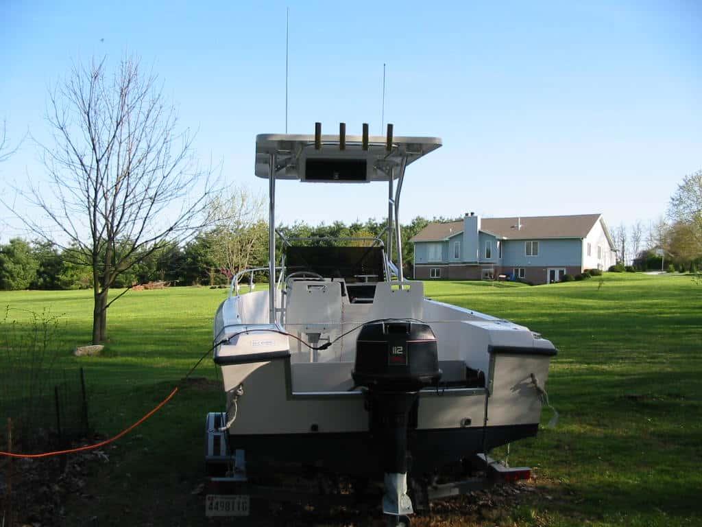 Atlantic Towers T-Top installed on Angler Boats 204 center console boat, showing the boat's deck and seating area.