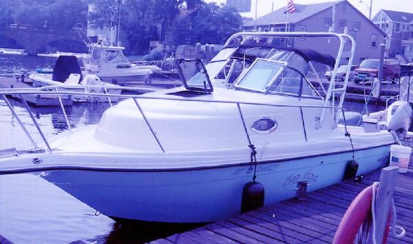 Atlantic Towers Arch installed on a Team Sailfish 234WA boat, docked by the marina.