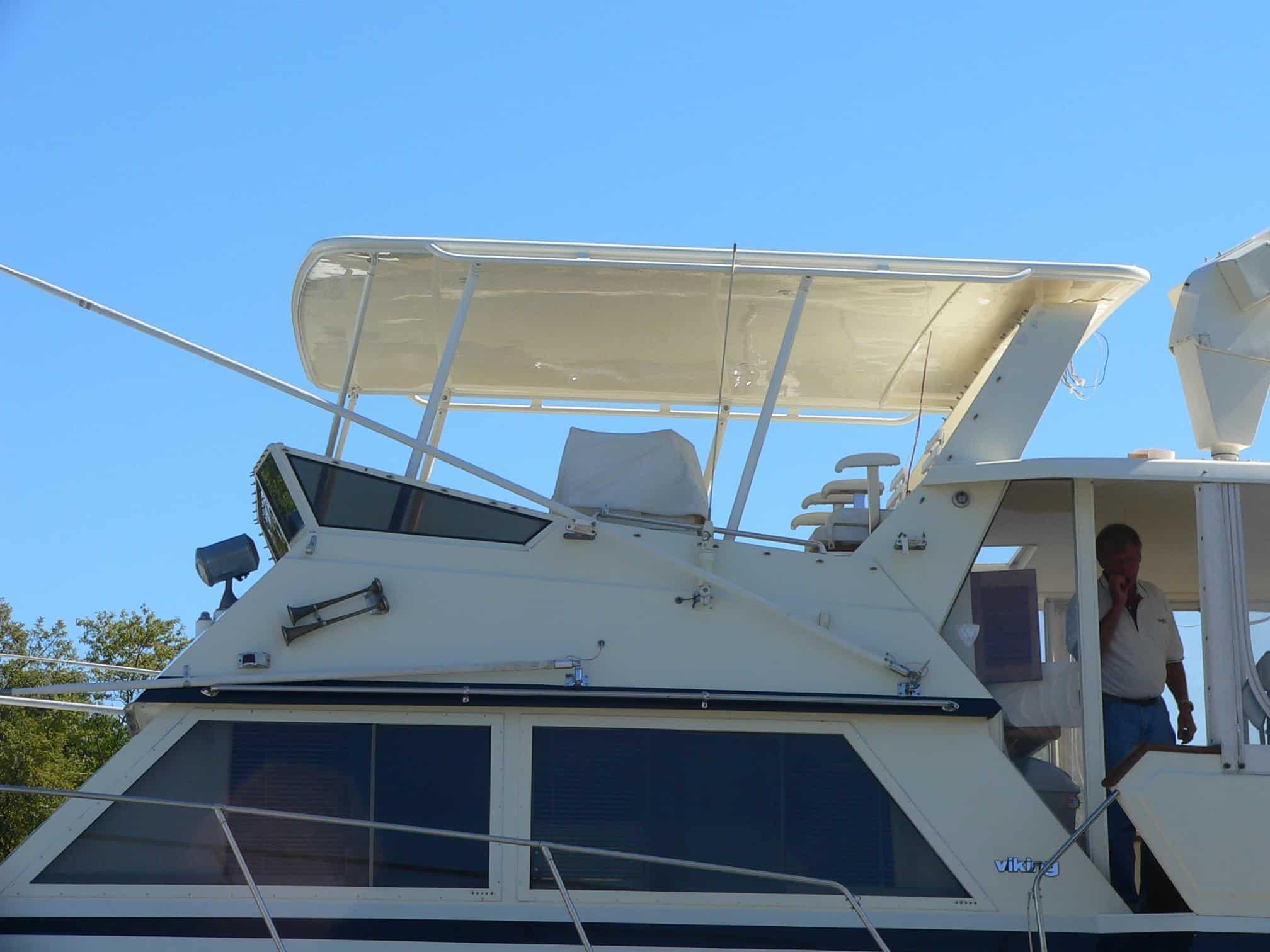 Atlantic Towers Top installed on a Viking 44 Motor Yacht motoryacht, showing a white boat deck area with equipment.