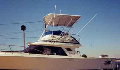 Atlantic Towers Arch installed on a Blackfin 29 Flybridge boat shown docked with clear sky background