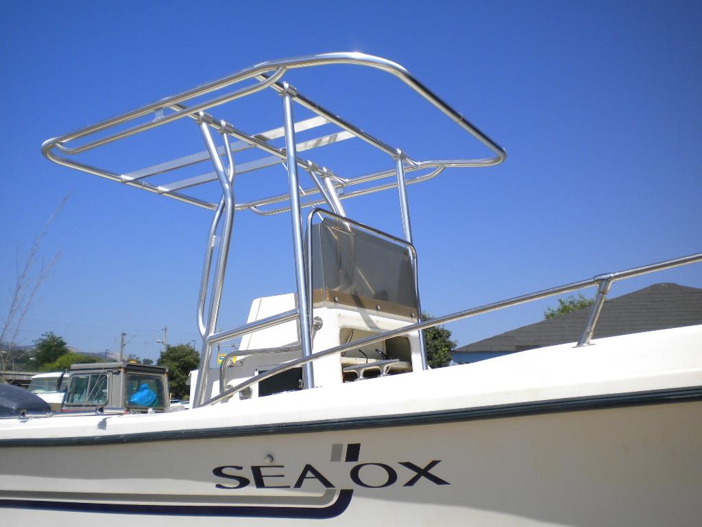 Atlantic Towers T-Top installed on a Sea Ox 23 center console boat shown from above on water.