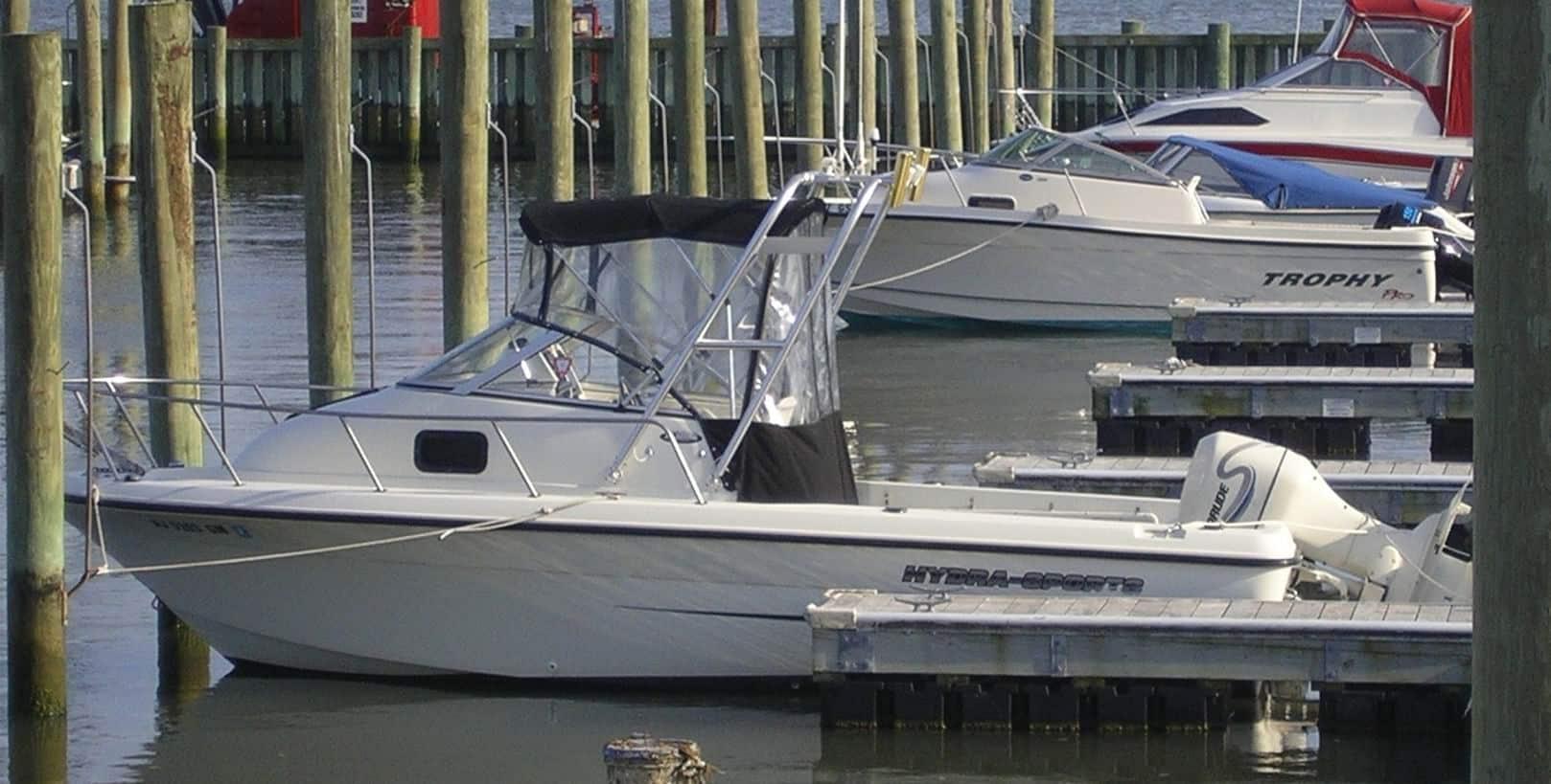 Atlantic Towers arch on a Hydra Sports 212 walkaround boat, showcasing its sturdy design and functionality.