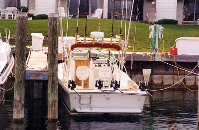 Atlantic Towers Arch installed on the Pursuit 2550 Cuddy Cabin/WA boat docked at a marina.