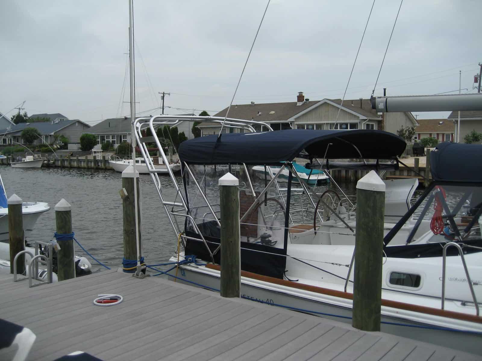 Atlantic Towers Arch installed on a Cal 35 Mark II sailboat, showing its mounting and support structure.