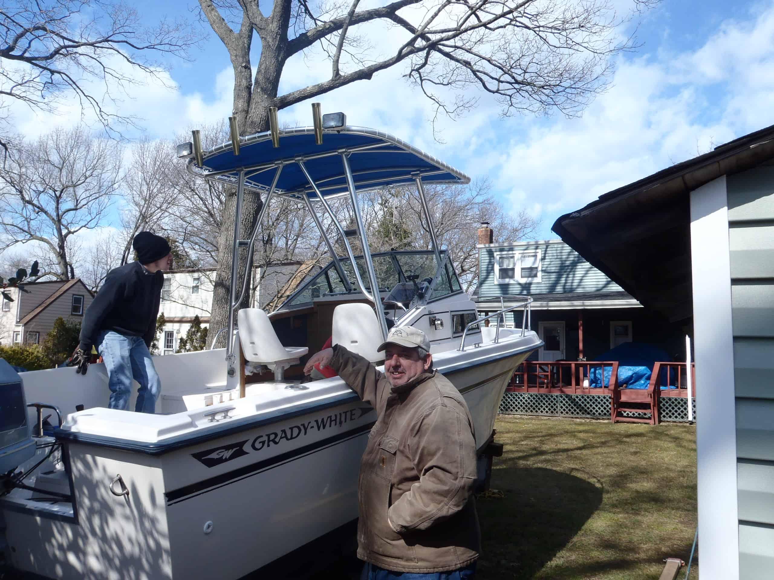 Atlantic Towers Top installed on a Grady White 204 Overnighter walkaround boat showing the tower structure.