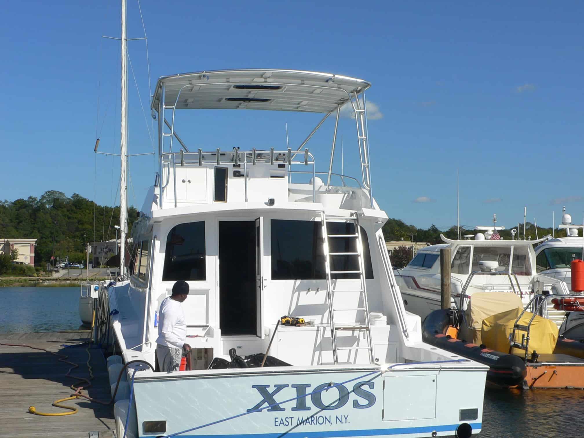 Atlantic Towers Top on Vista 48/50 Sportfisherman convertible boat, showcasing a sleek design and functional features.