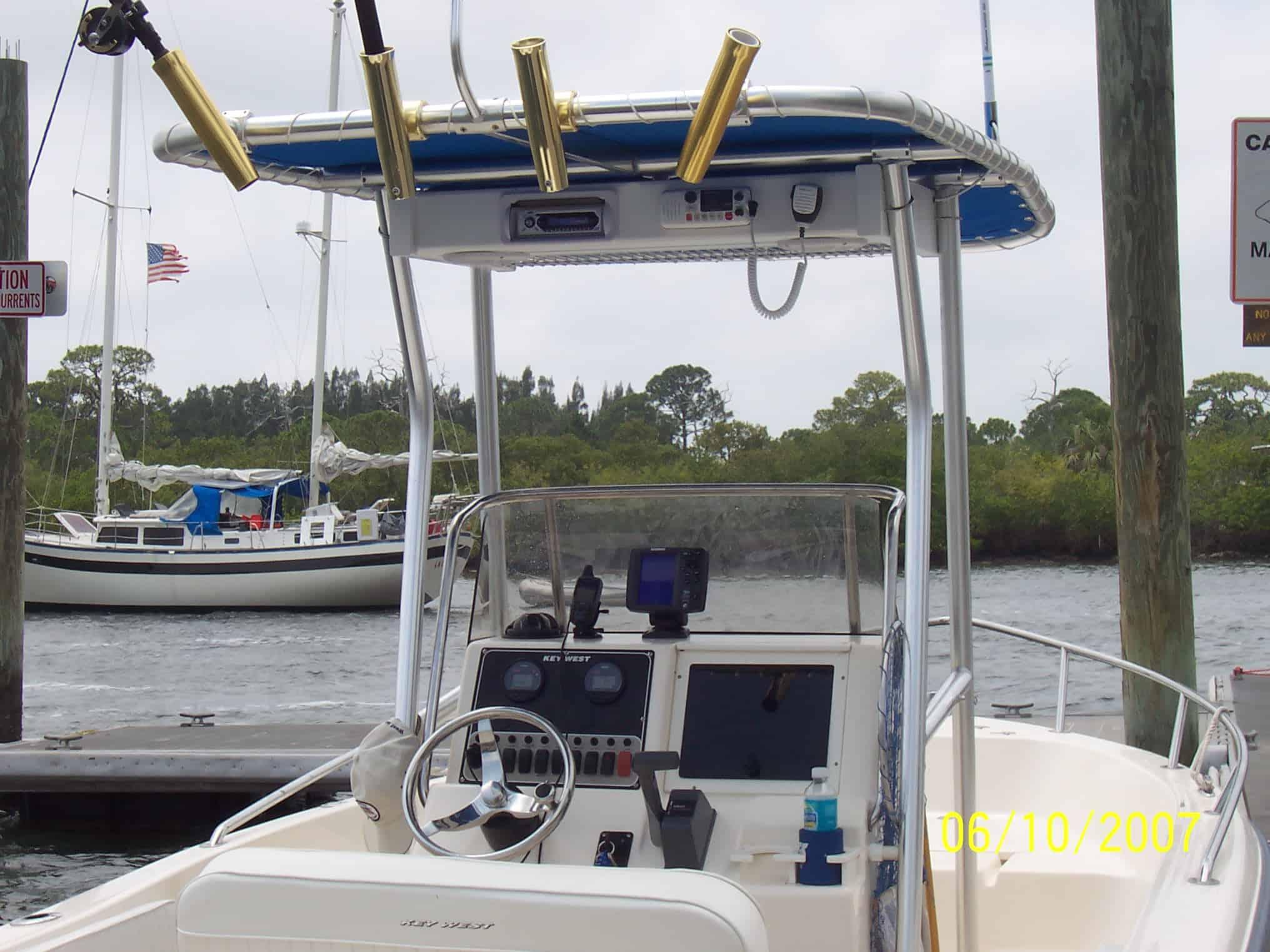 Atlantic Towers T-Top installed on a Key West 186 Center Console boat at a marina.