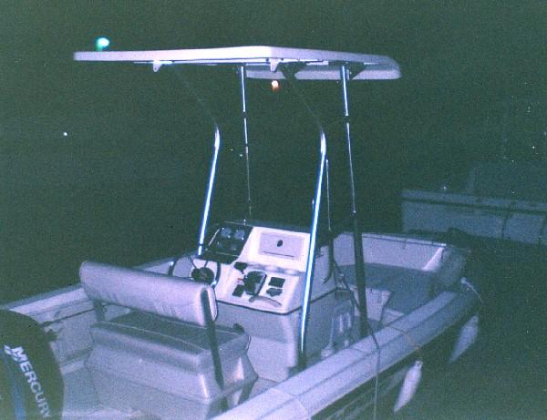 Atlantic Towers T-Top installed on a Hydra Sports 18 center console boat, enhancing shade and functionality.