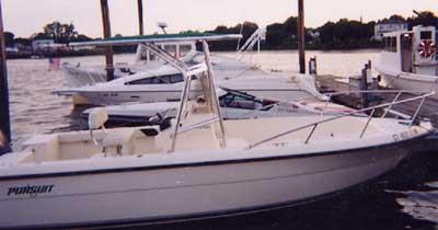 Atlantic Towers T-Top installed on a Pursuit 2270 Console boat at the dock by the water.