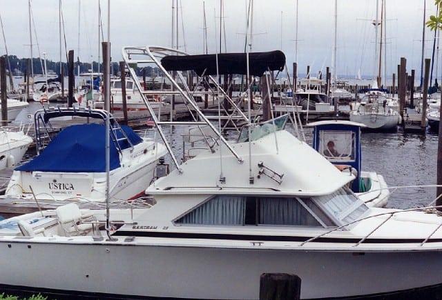 Atlantic Towers Arch installed on a Bertram 28 Flybridge Cruiser moored among other boats at a marina.