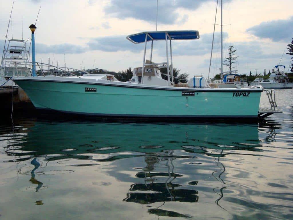 Atlantic Towers T-Top installed on a Topaz 24 center console boat, showcasing its sleek design and functionality.