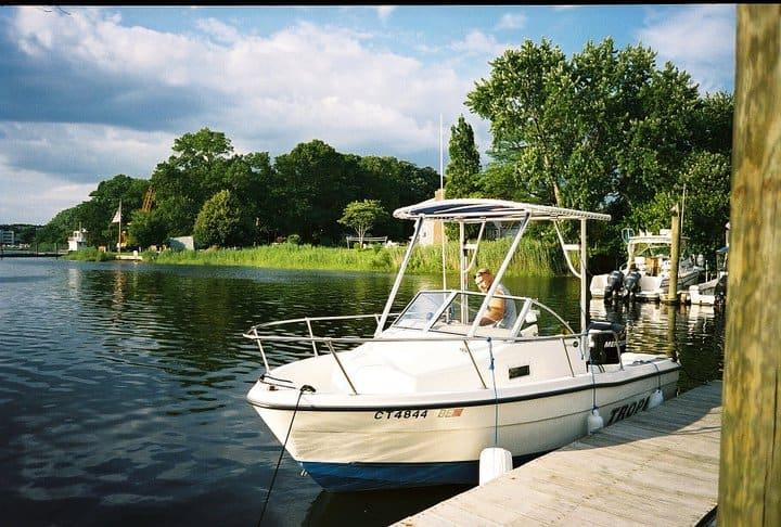 Atlantic Towers Top installed on a white Trophy 1802 w/a boat docked on calm water under clear skies.
