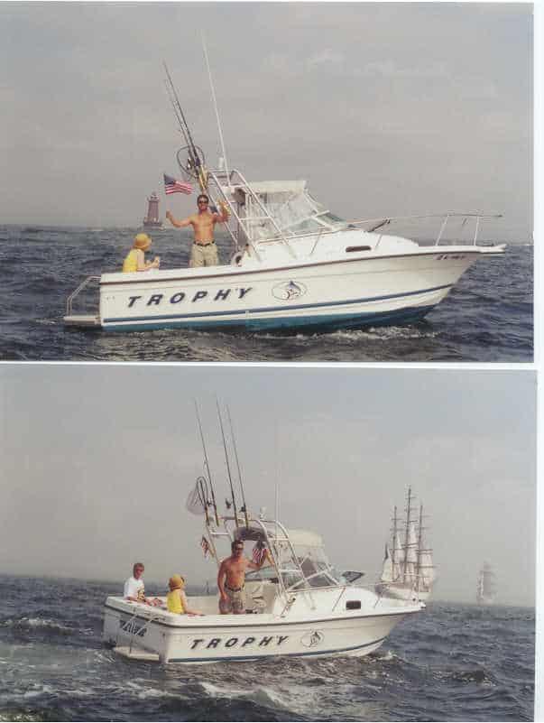 Two views of a Trophy 2052 Trophy Walkaround boat with Atlantic Towers Arch installed, showing people fishing on open water.