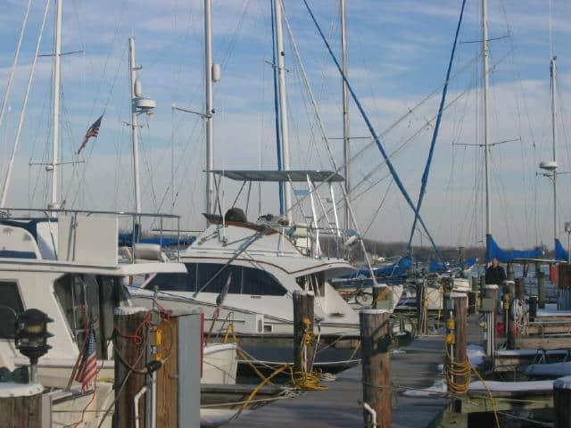 Atlantic Towers Top installed on a Post Yachts 40 docked at a marina with other sailboats and motorboats.