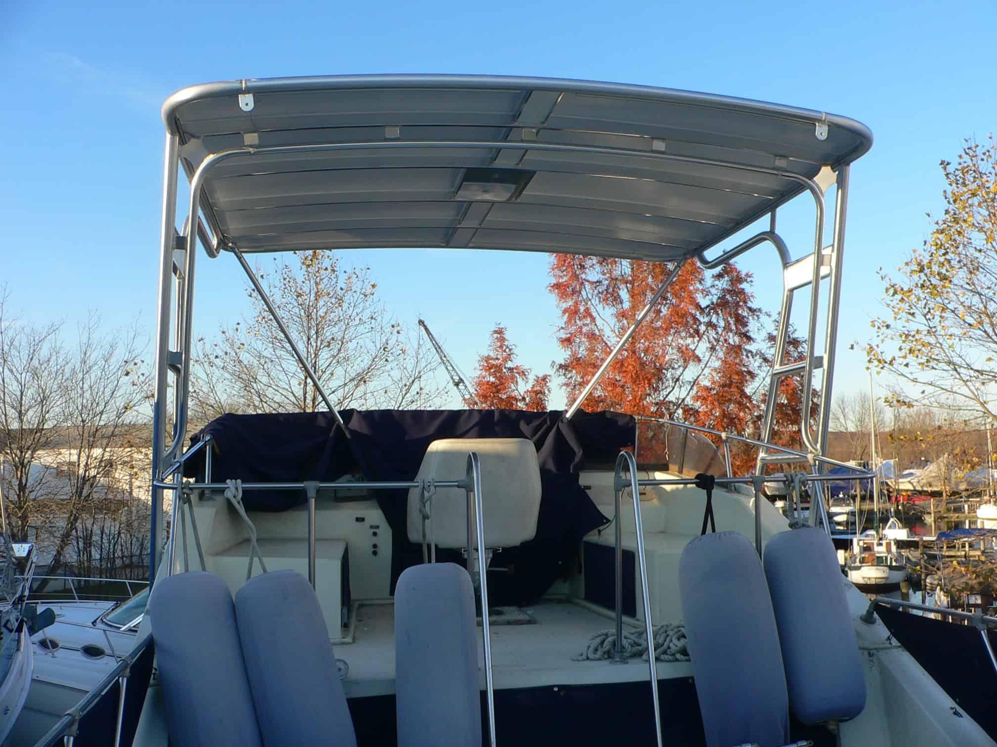 Atlantic Towers Top installed on a Blue Water Boats 40 Coastal Cruiser houseboat.
