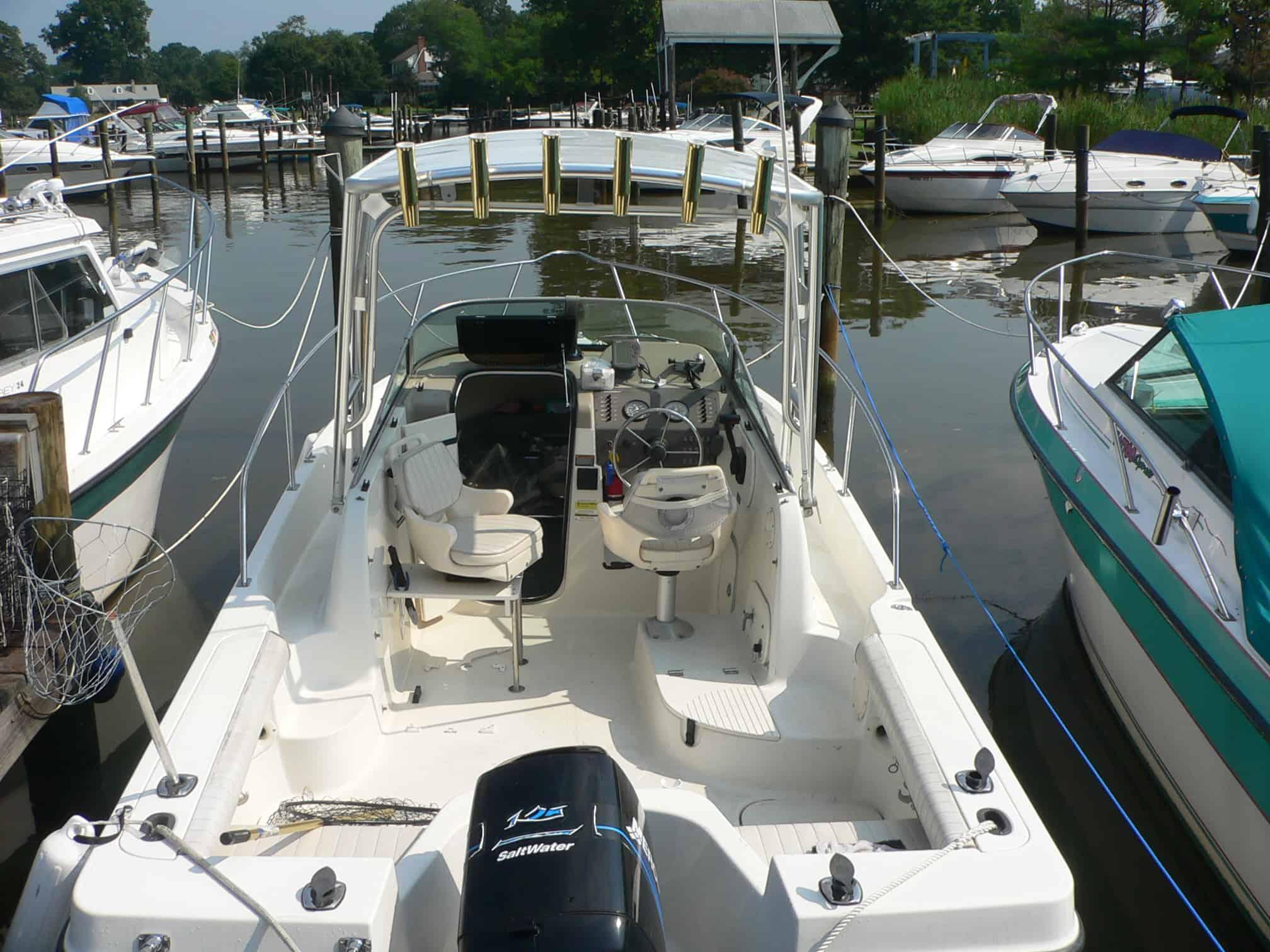Atlantic Towers top installed on a 2002 Trophy walkaround boat, enhancing its functionality and style.