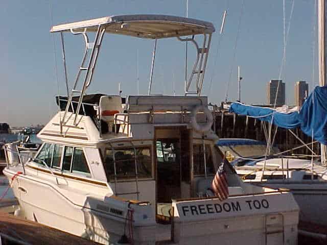 Atlantic Towers top on a Sea Ray 300 Sedan Bridge, showcasing a sleek design suitable for maritime excursions.