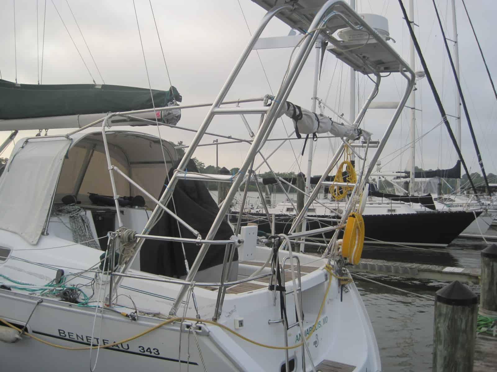 Atlantic Towers arch installed on a Beneteau 343 sailboat, providing support and functionality.