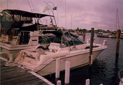 Atlantic Towers Arch installed on Sea Ray 270 Sundancer boat docked in marina at sunset.