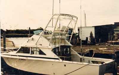 Atlantic Towers Arch installed on a Bertram 28 Flybridge Cruiser, docked with buildings in the background.