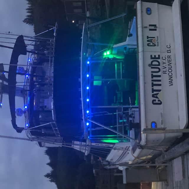 Sea Ray boat named CATITUDE docked at night with Atlantic Towers Cockpit Sun Shade and blue and green lights illuminated.
