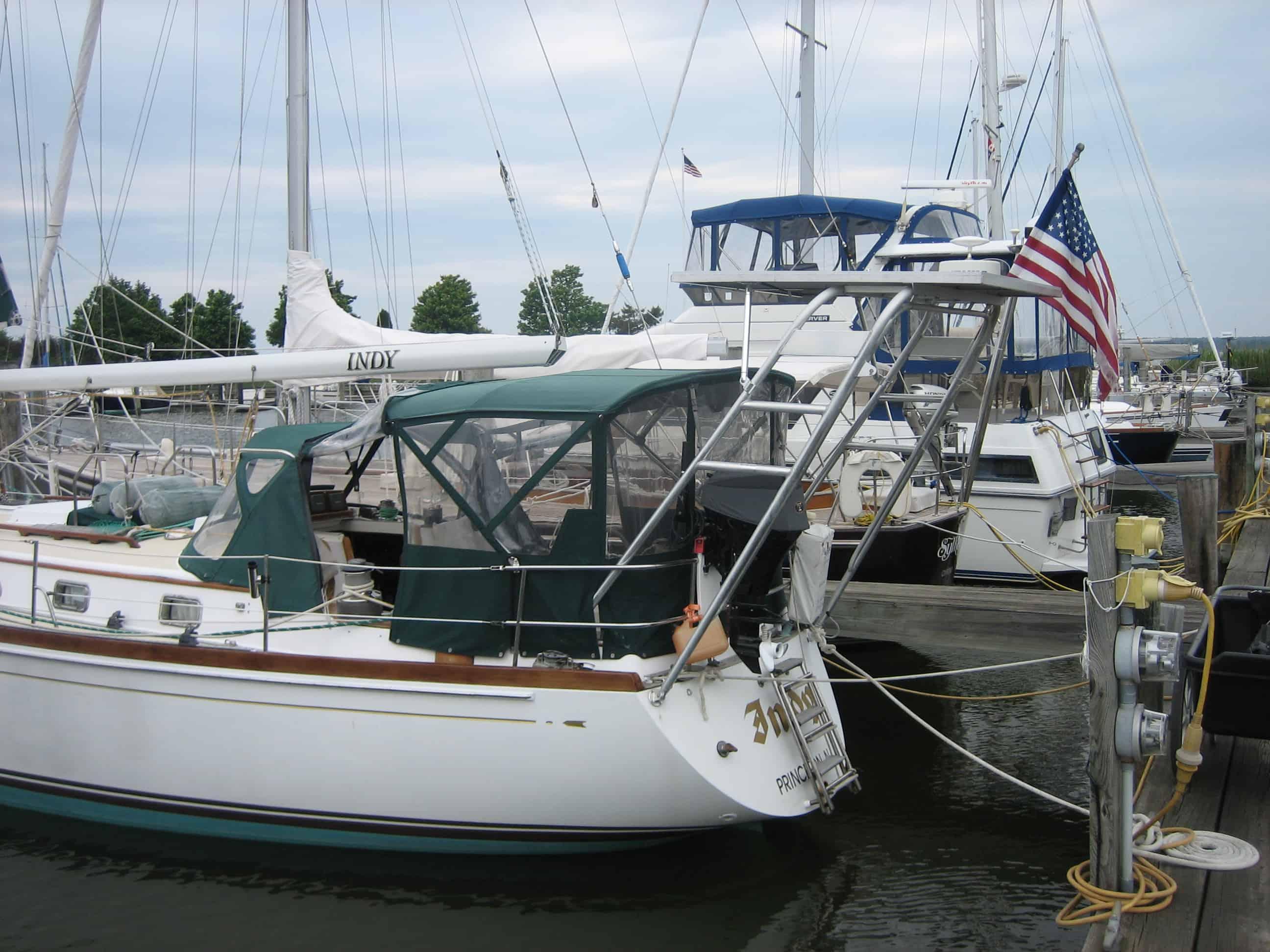 Atlantic Towers Arch installed on a Bristol 455.5 Aft Cockpit sailboat showing structural framework and rigging.
