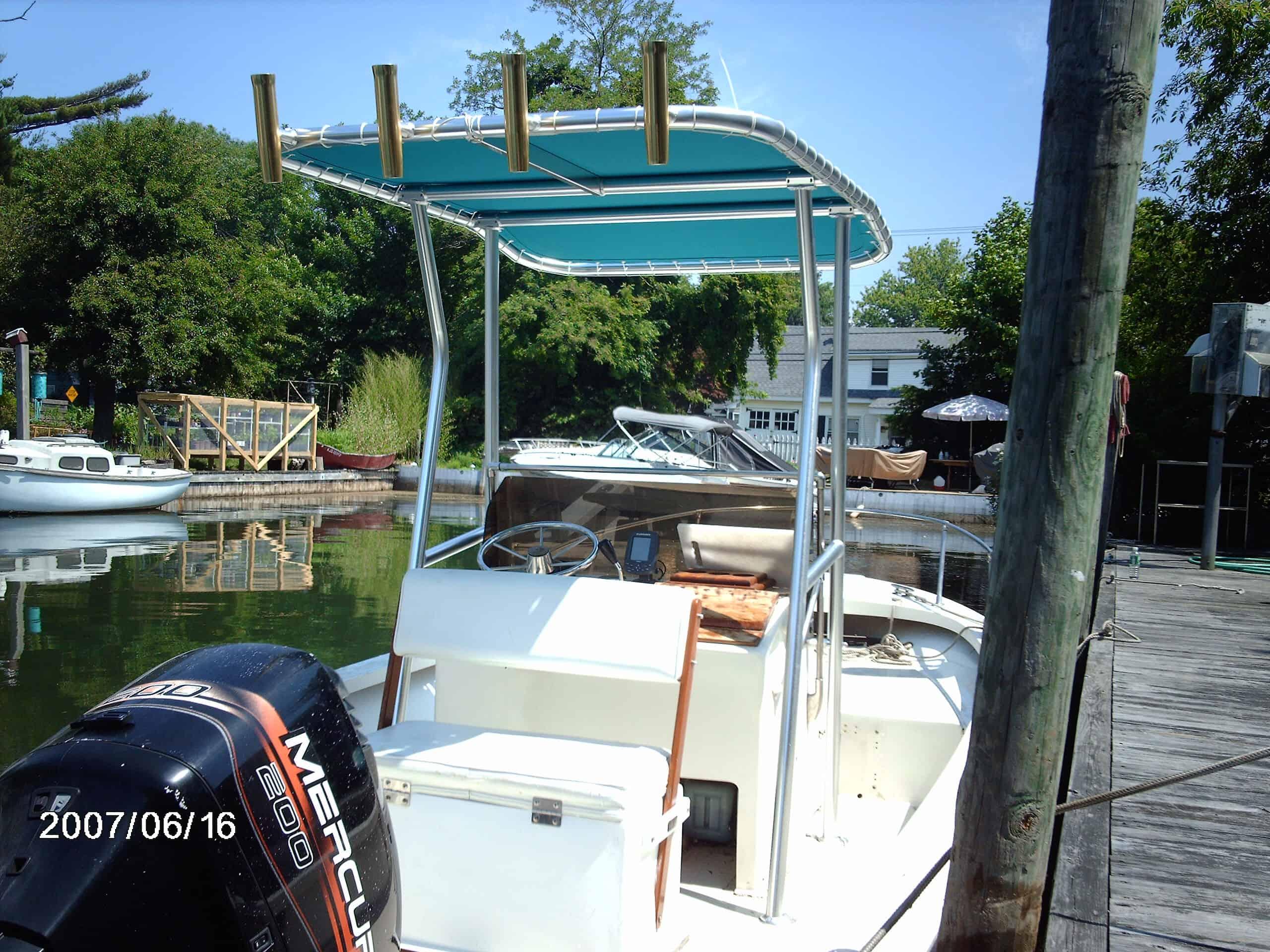 Atlantic Towers T-Top on a Robalo 19 center console boat, showcasing a sleek design for enhanced sun protection.