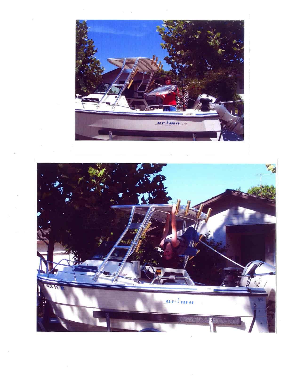Two images of an Arima 17 Sea Ranger boat featuring the Atlantic Towers Top, showing a person on board.