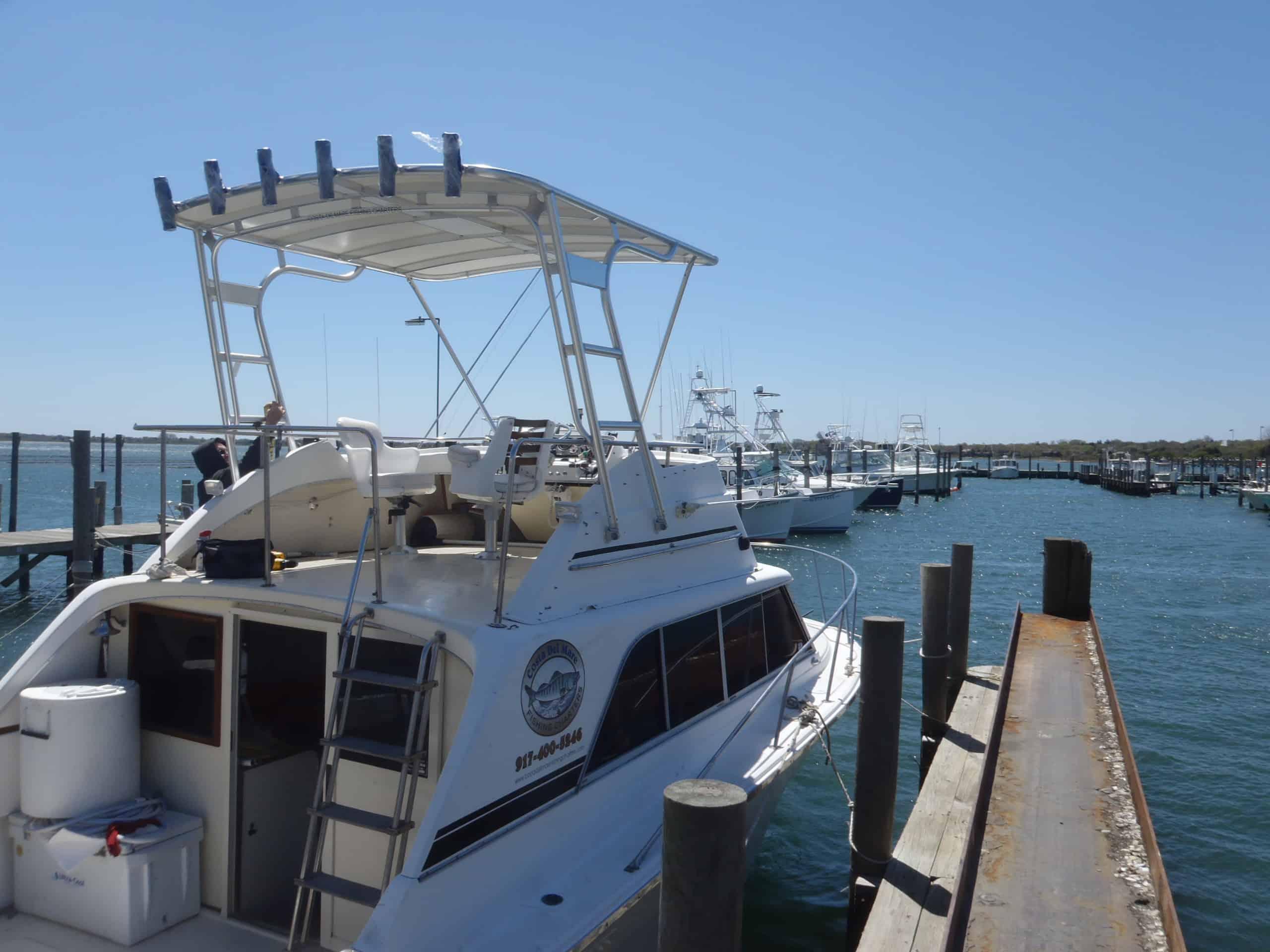 Atlantic Towers Top installed on Silverton 31 Convertible boat shown against calm water and clear sky background.