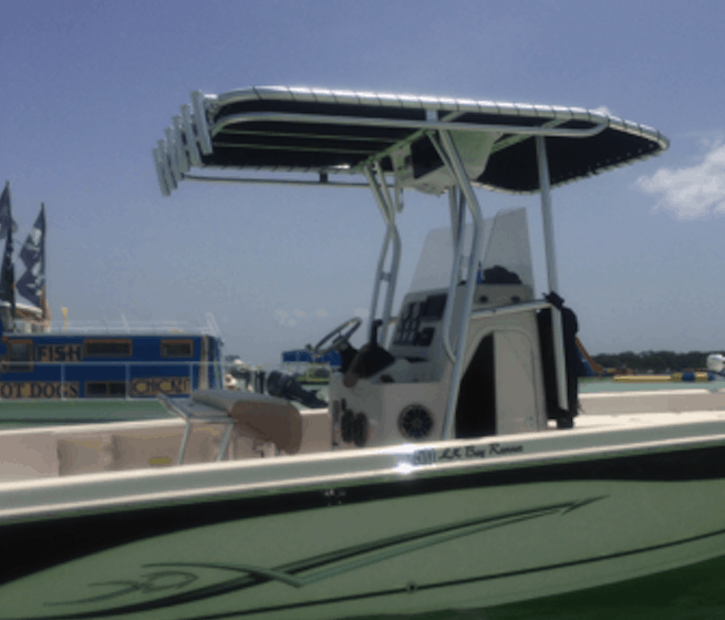 Atlantic Towers T-Top on a Sea Chaser 25 Bay Boat, a center console boat designed for fishing and leisure.