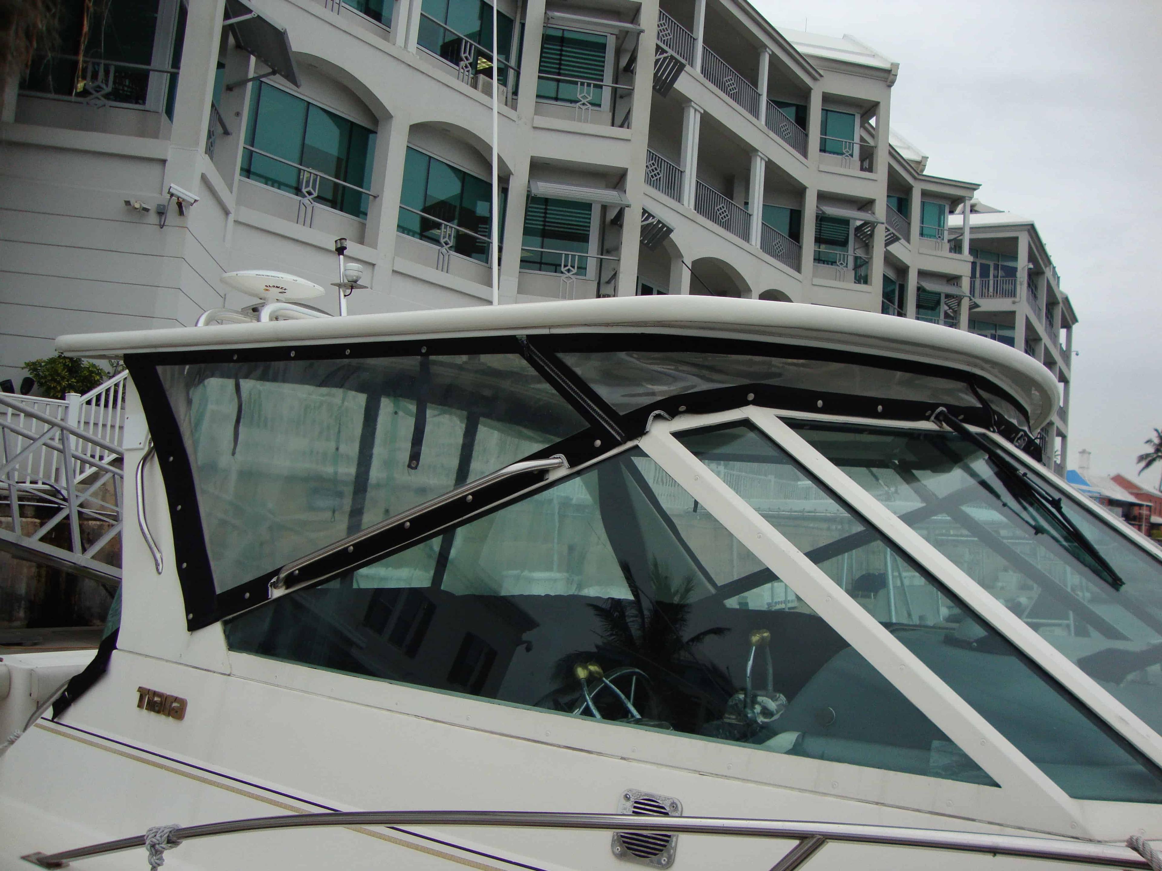 Atlantic Towers Top installed on a Tiara 3100 Open cruiser boat, showing the overhead frame structure.