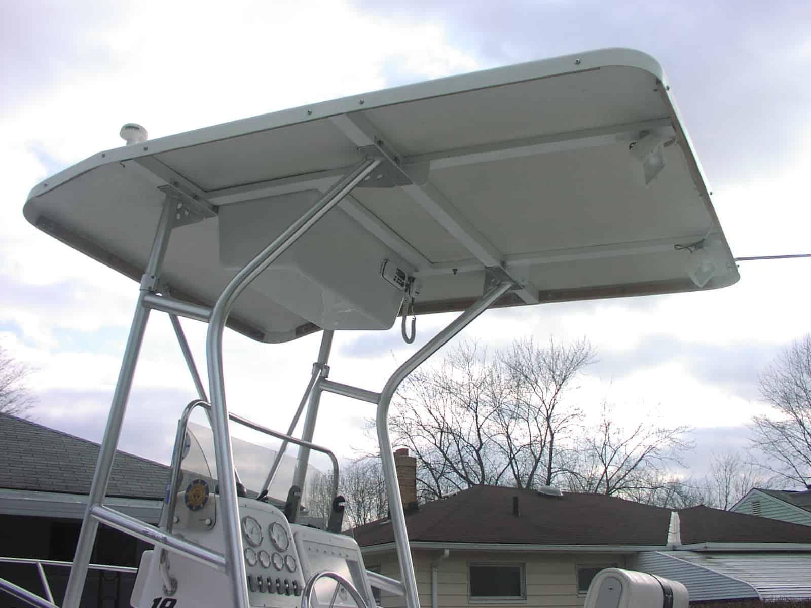 Atlantic Towers T-Top mounted on a Pro Line CC boat, showing the overhead canopy and supporting frame over the console.